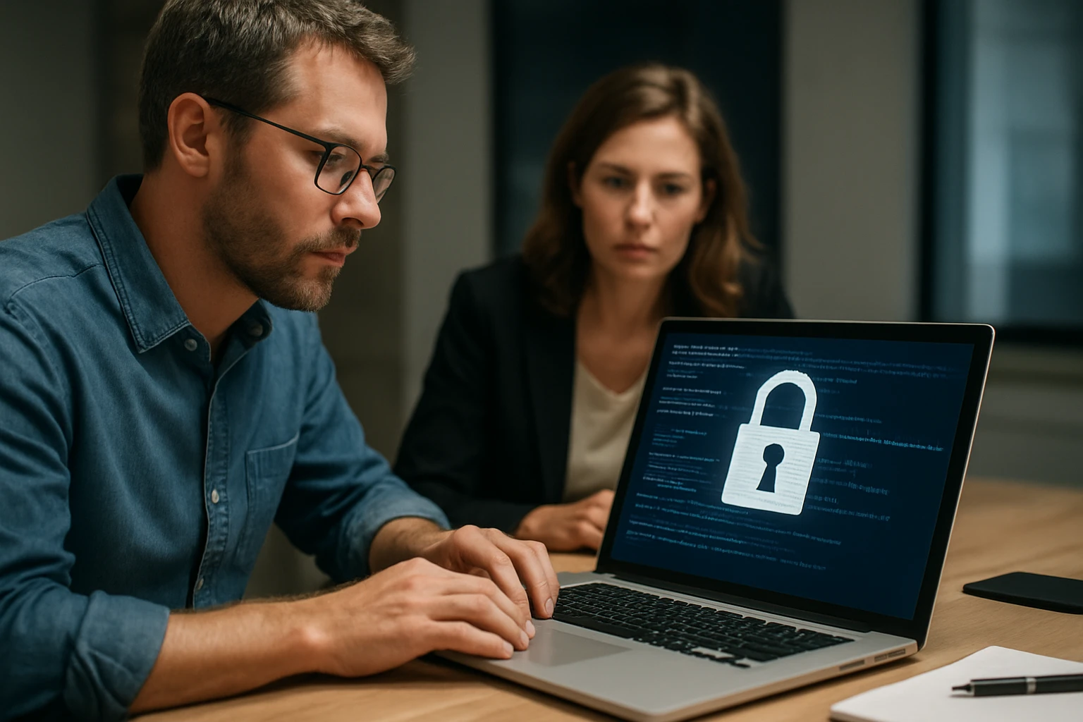 Két ember egy laptop előtt ül, a képernyőn zár ikon látható, ami a biztonságot jelzi.
