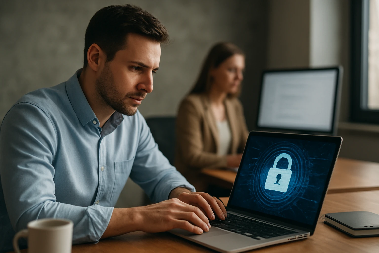 Egy férfi koncentrál laptopján, amelyen zár szimbólum látható, háttérben női kolléga.