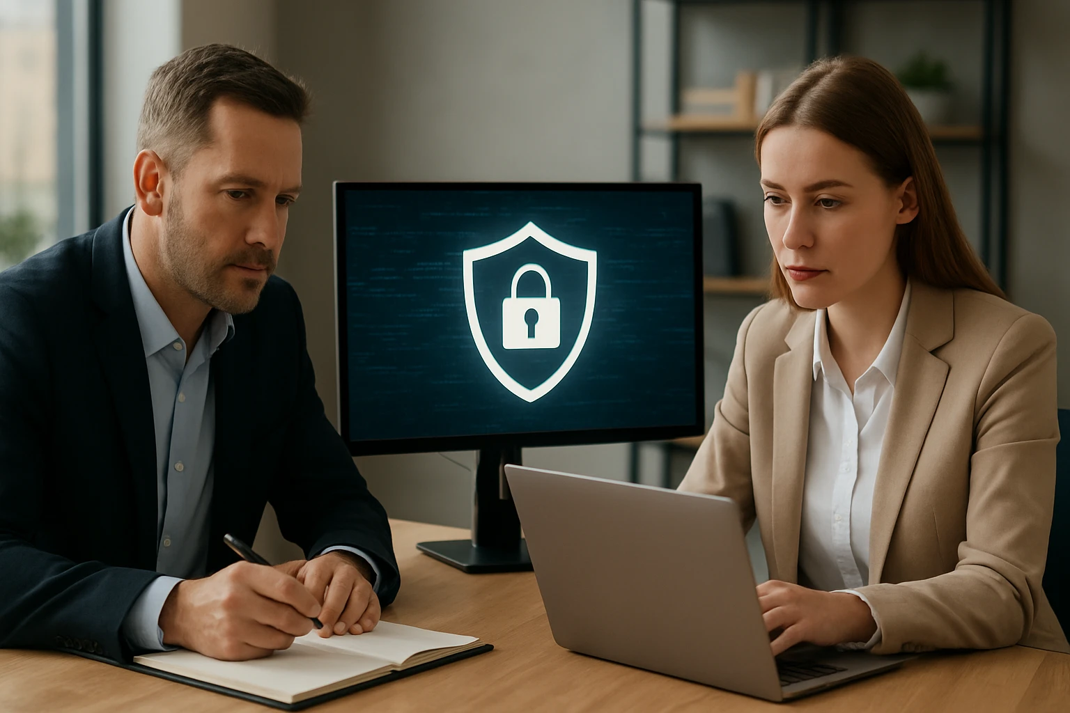 Két szakember dolgozik egy modern irodában, a képernyőn biztonsági szimbólum látható.