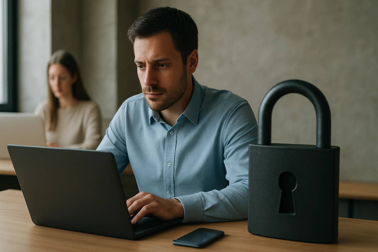 Egy férfi laptop előtt ül, mellette egy nagy fekete lakat, a háttérben nő dolgozik.