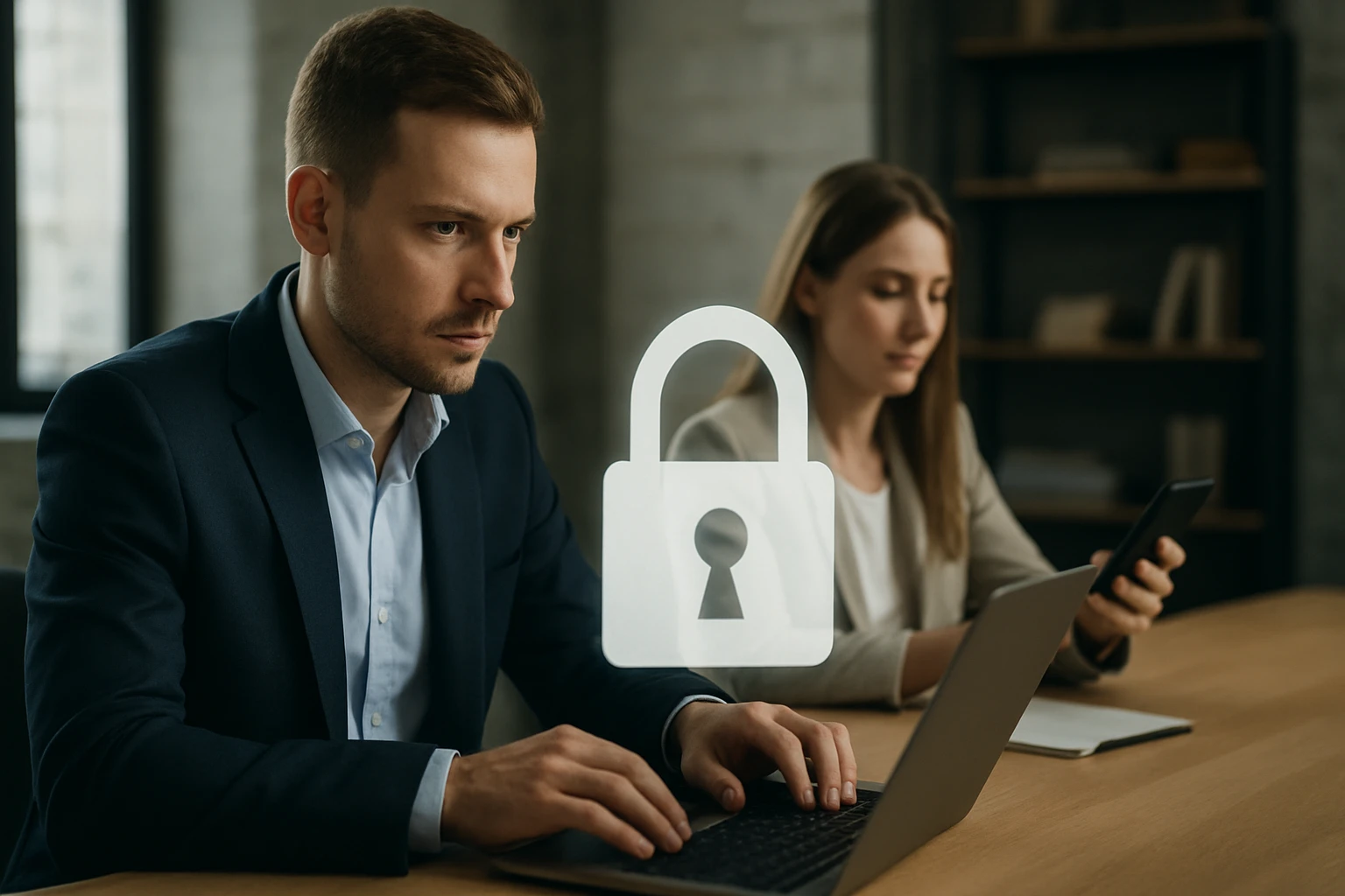 Két ember dolgozik egy modern irodában, a férfi a laptopján, a nő a telefonján.