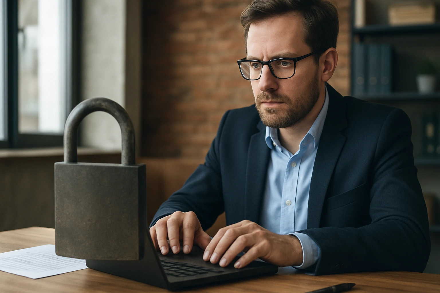 Egy férfi laptopon dolgozik, mellette egy nagy lakat áll.