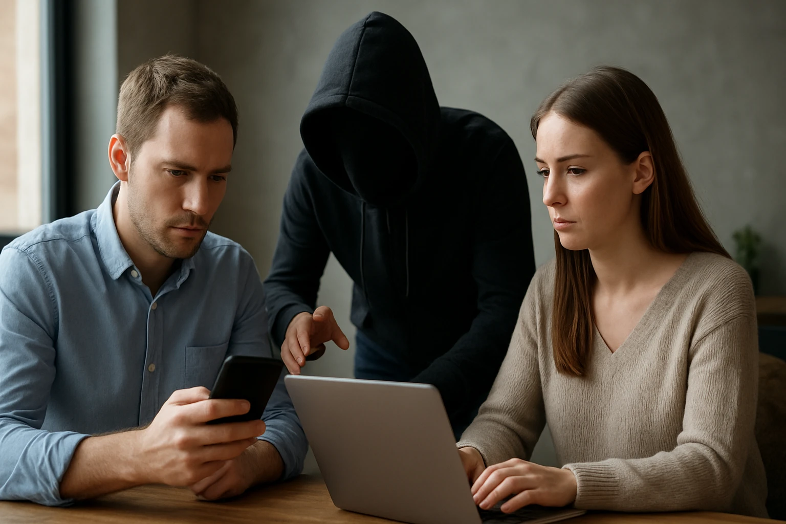 Egy férfi és egy nő figyelmesen néz egy laptopot, miközben egy kapucnis alak áll mögöttük.