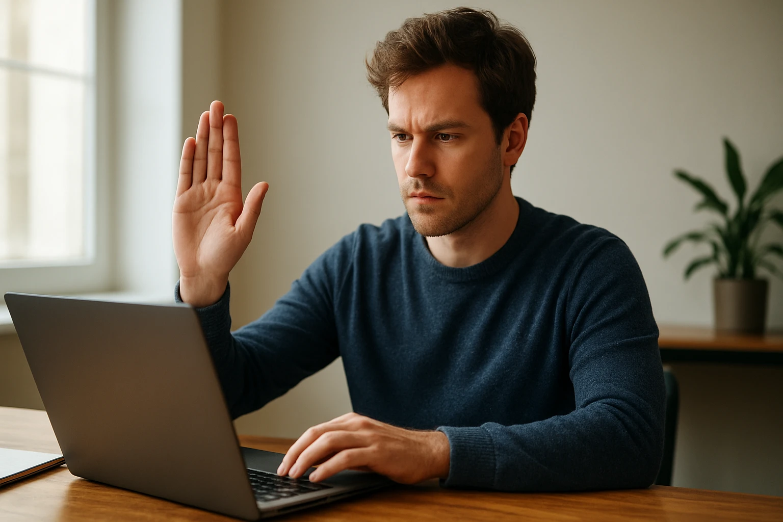 Egy férfi laptop előtt ül, kezével integet, figyelmes arckifejezéssel.