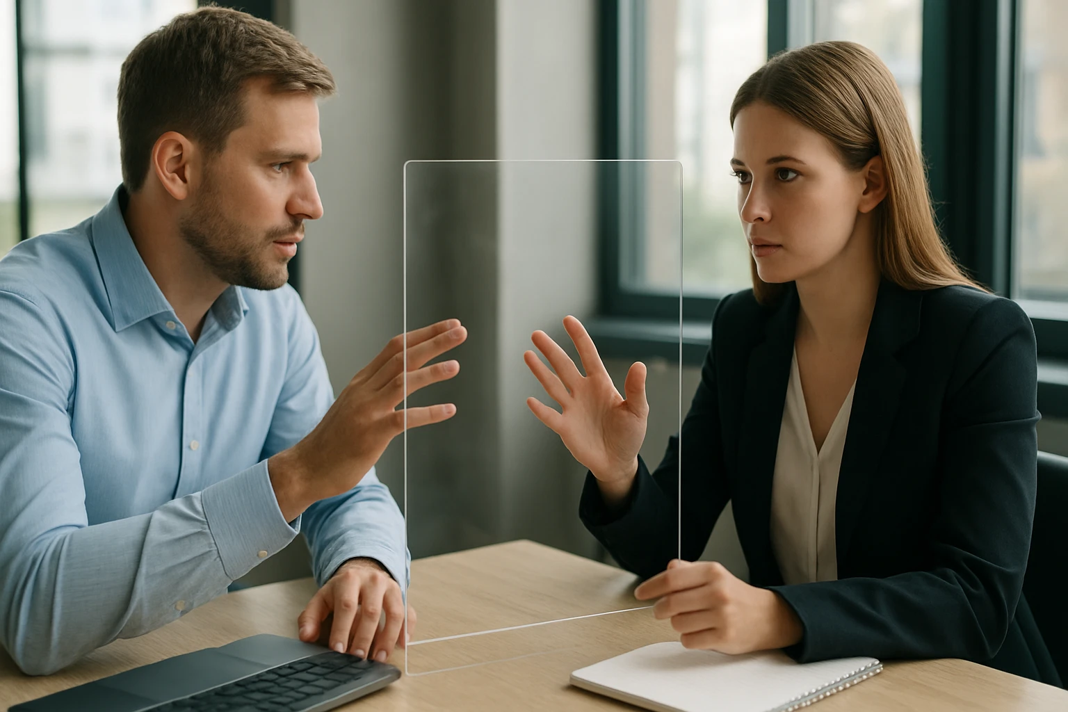 Két ember beszélget egy modern irodában, digitális eszközökkel.