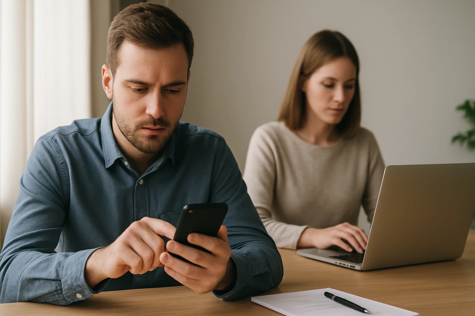 Egy férfi okostelefonját nézi, míg egy nő laptopon dolgozik.