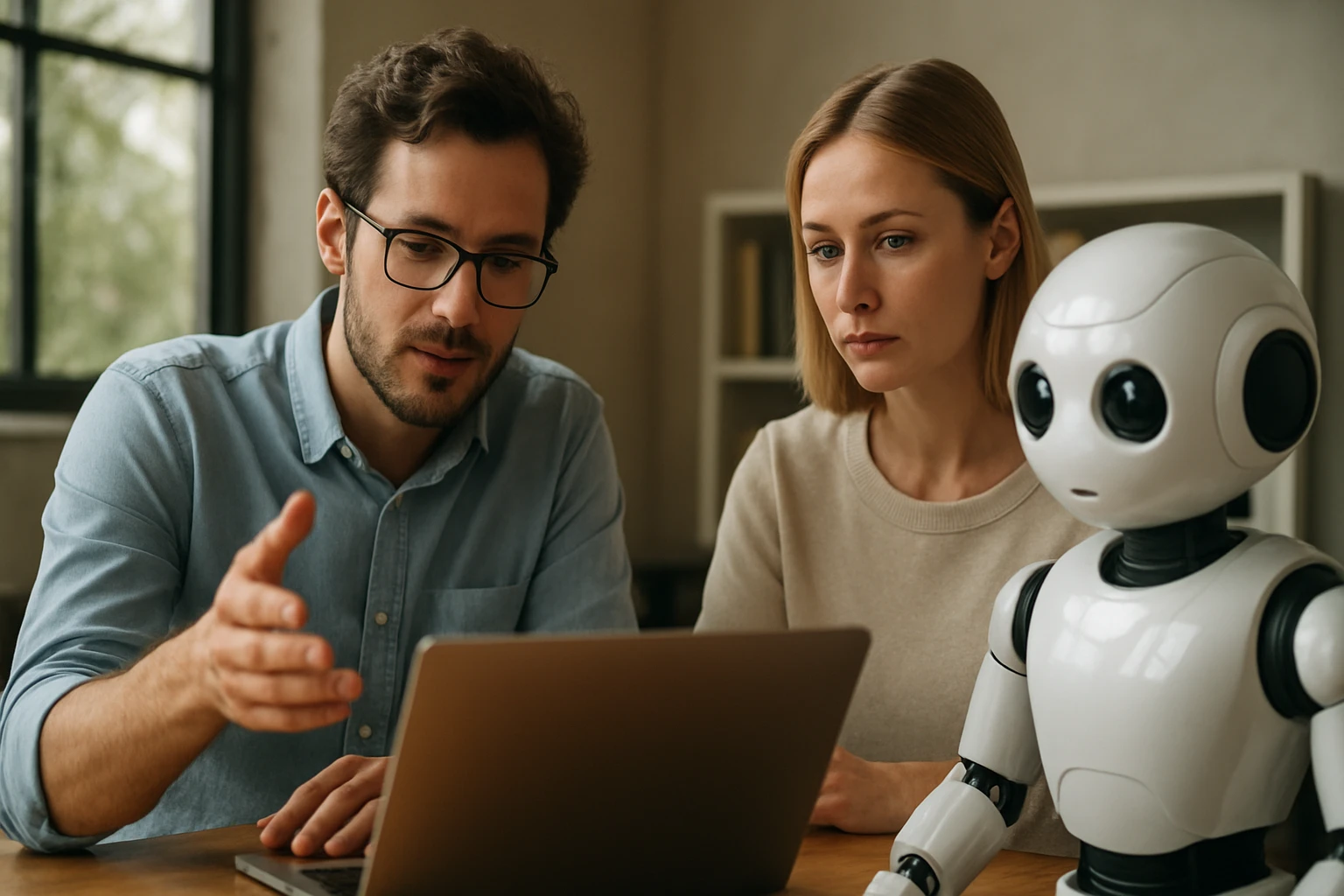 Két ember és egy robot ül egy asztalnál, laptop előtt beszélgetnek.