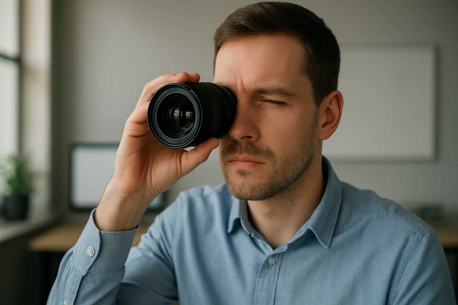 Egy férfi fényképezőgép lencséjét nézi, koncentrált arckifejezéssel.