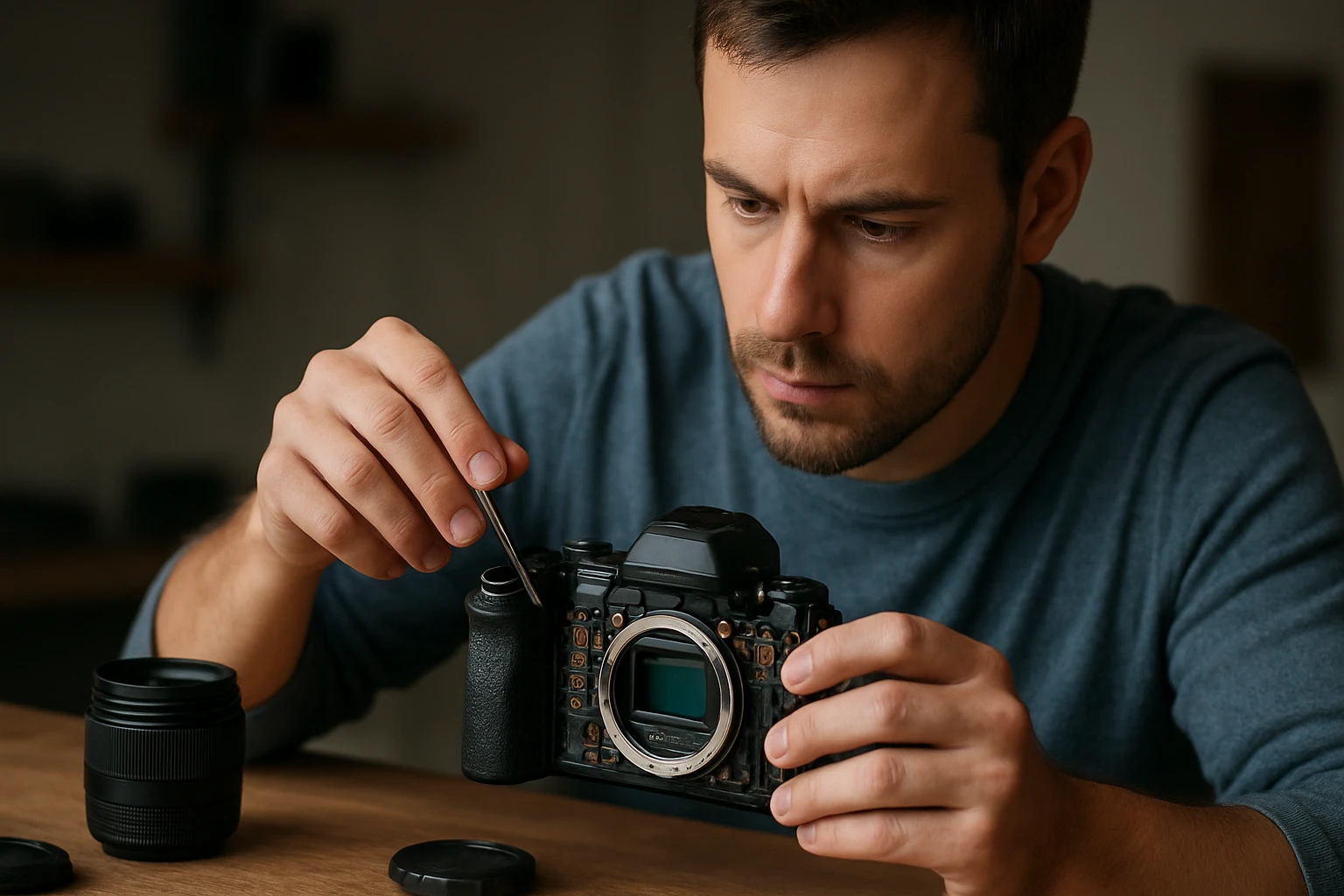 Egy férfi gondosan tisztít egy fényképezőgépet, figyelmesen dolgozik.