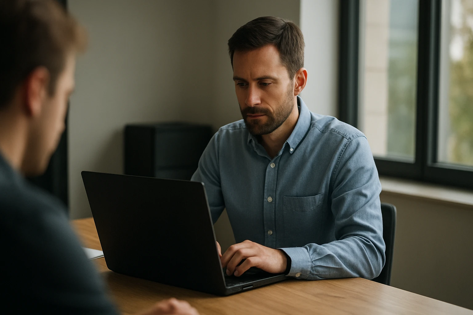 Egy férfi laptop előtt ül, figyelmesen dolgozik egy modern irodában.