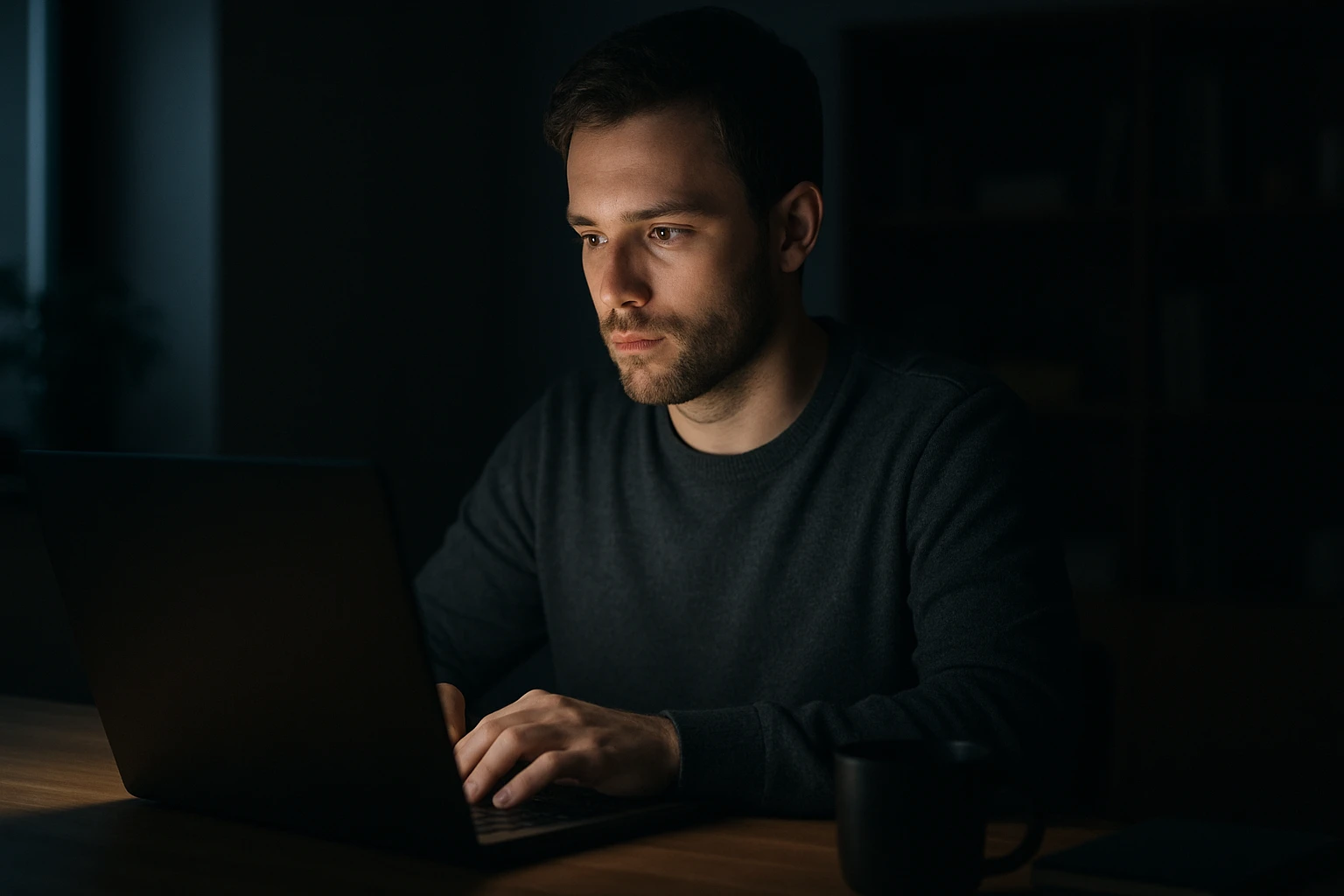 Egy férfi sötét szobában laptopot használ, koncentrált arckifejezéssel.