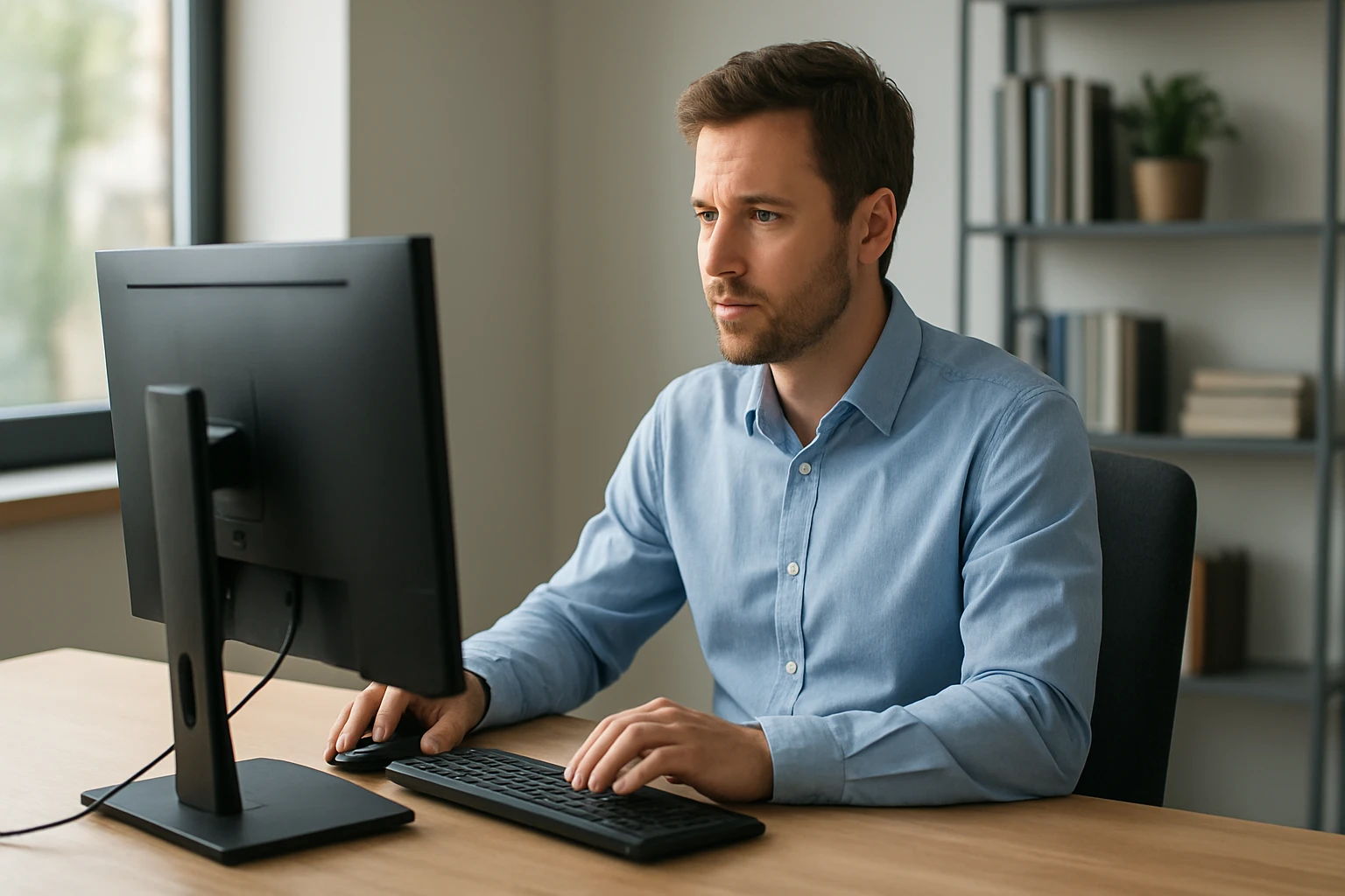 Egy férfi koncentráltan dolgozik számítógépén egy modern irodában.