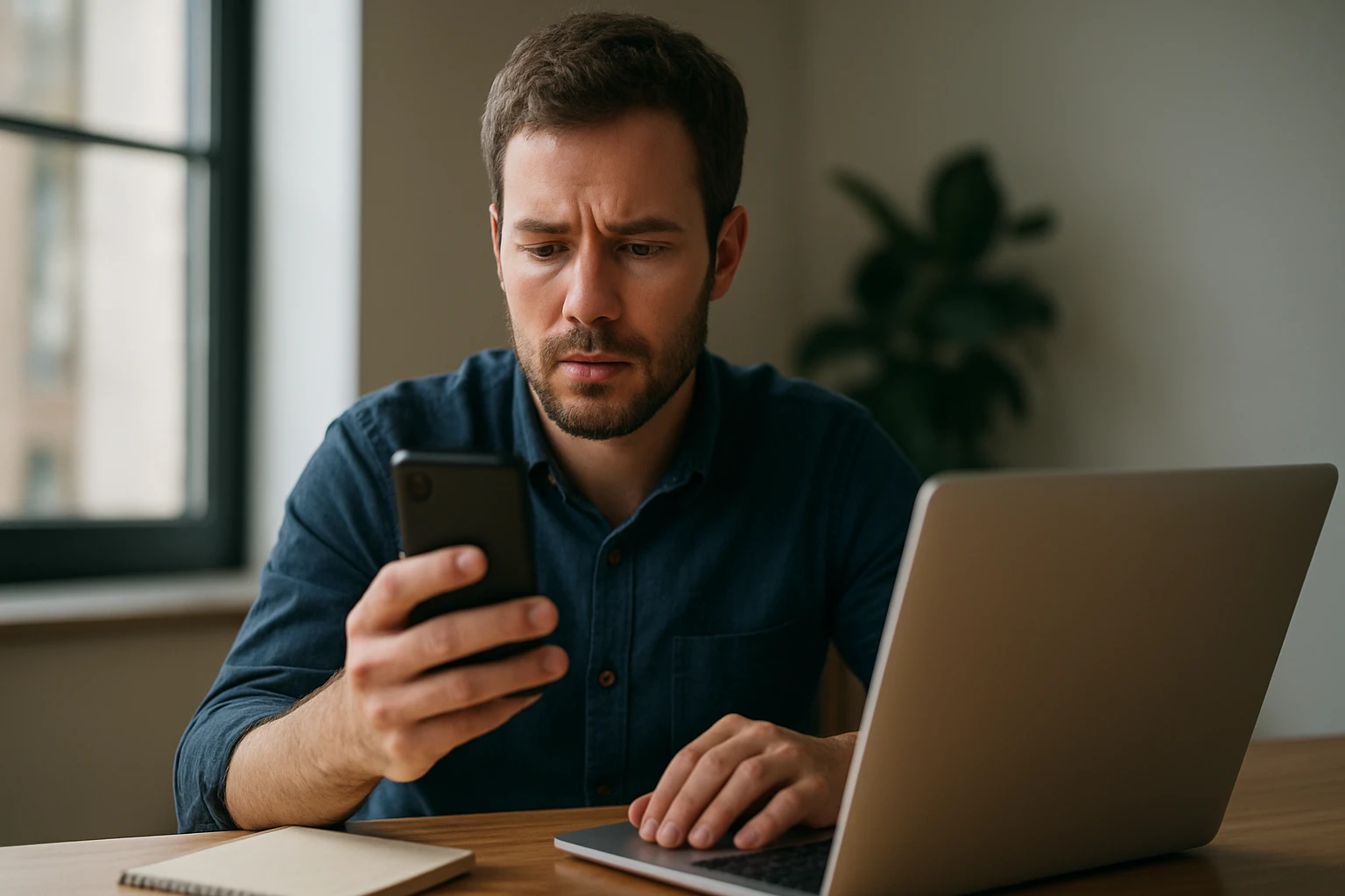 Egy férfi figyelmesen nézi a telefonját, miközben laptop előtt ül.