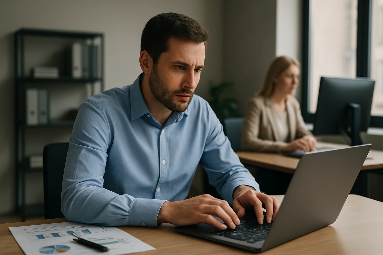 Egy férfi koncentráltan dolgozik laptopján egy irodában, háttérben női kollégával.