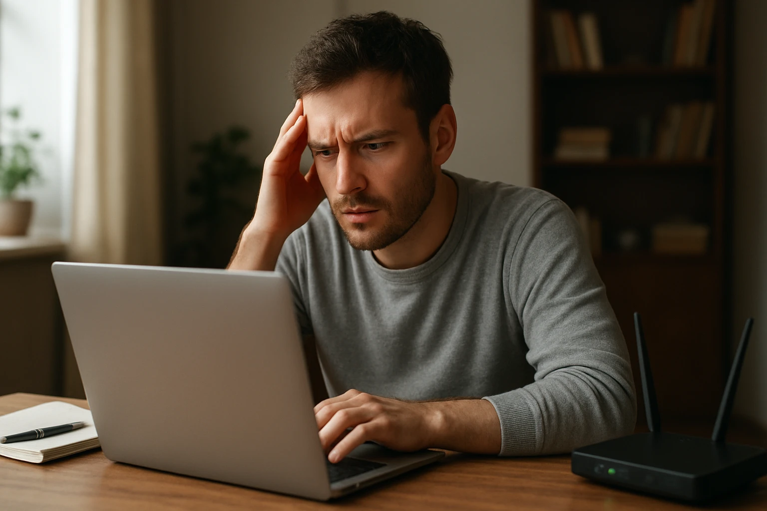 Egy férfi aggódva nézi a laptopját, miközben kezét a fején tartja.