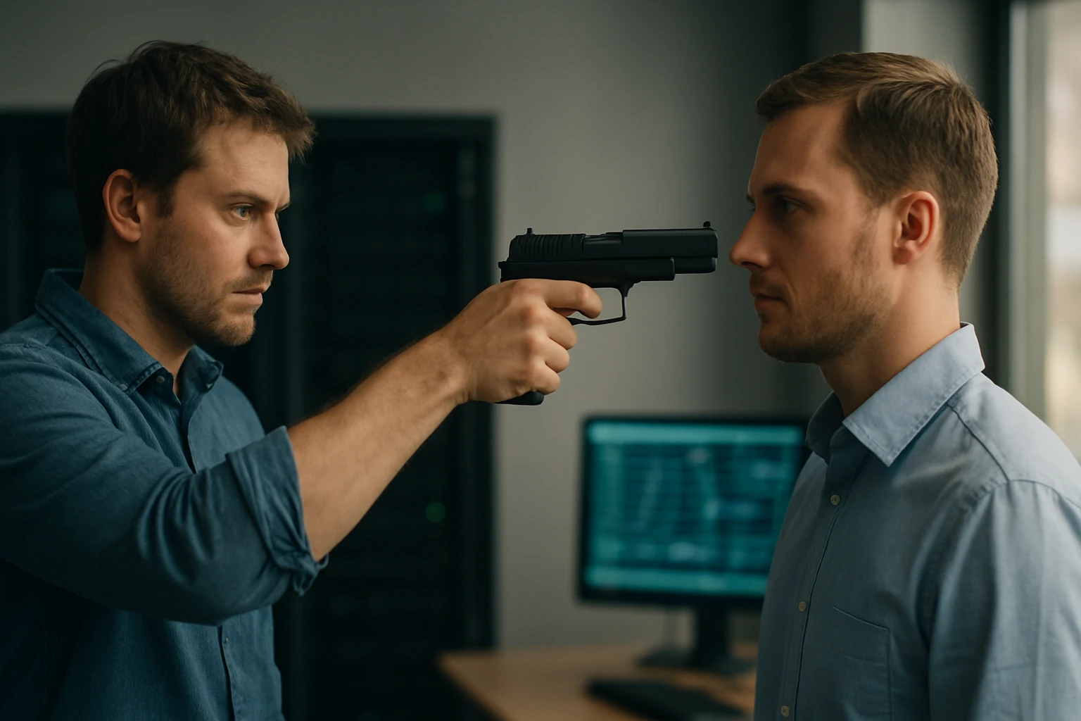Két férfi szemben áll, az egyik fegyvert tart a másik fejéhez.