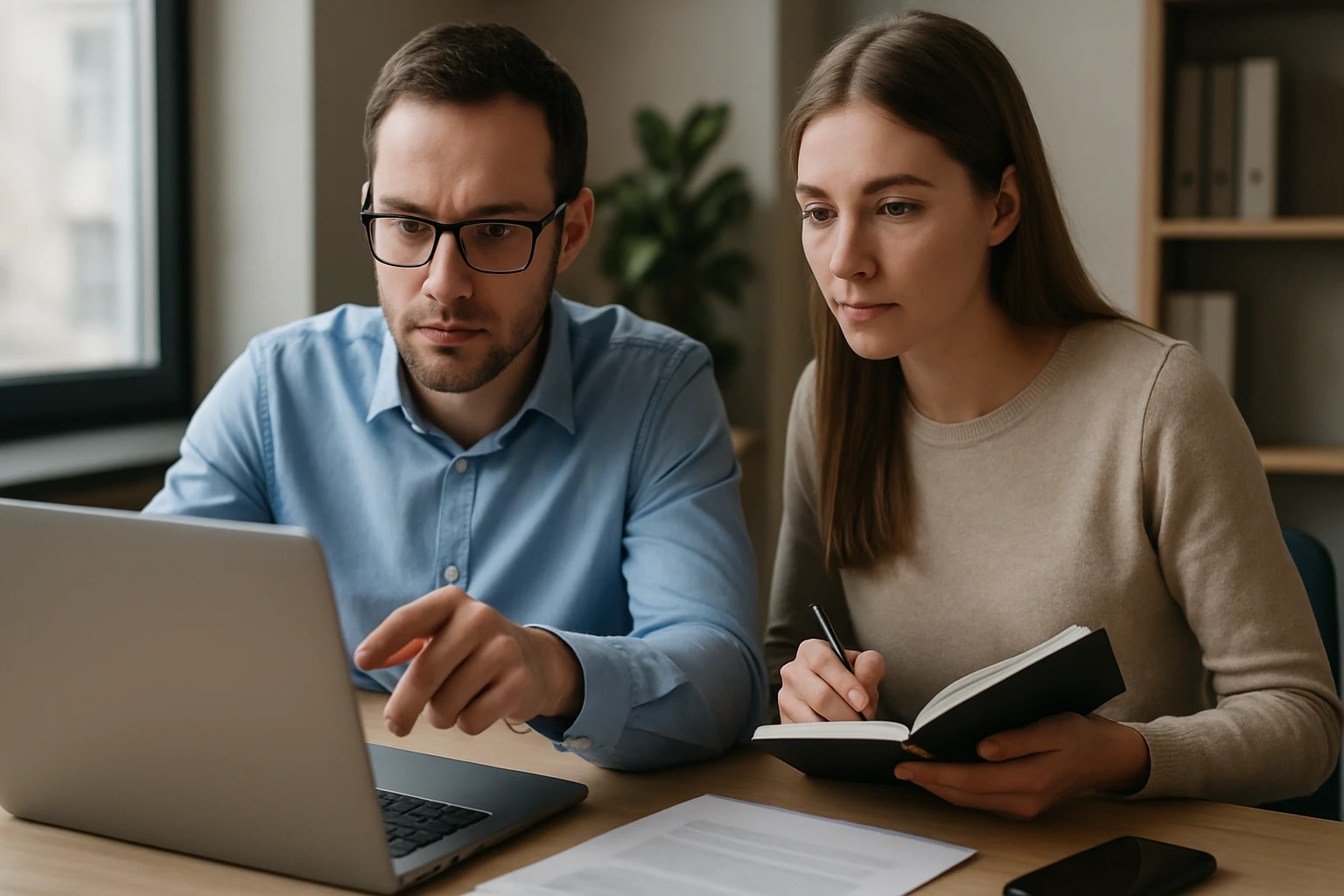 Két fiatal szakember laptop előtt ül, figyelmesen dolgoznak egy projekten.