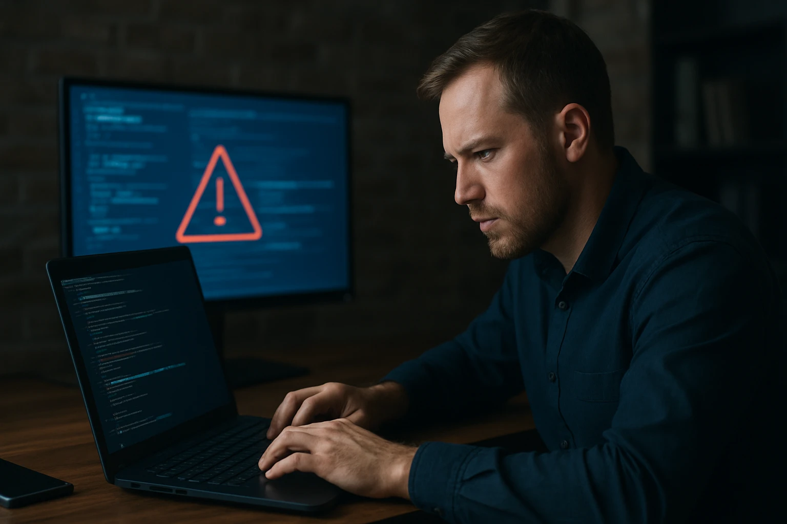 Egy férfi figyelmesen dolgozik laptopján, háttérben figyelmeztető jelzéssel.