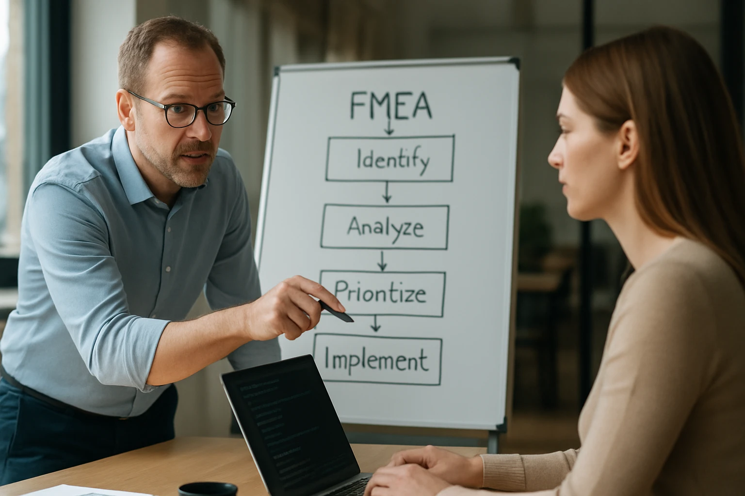 Egy férfi prezentál a nőknek egy FMEA folyamatot bemutató táblánál.