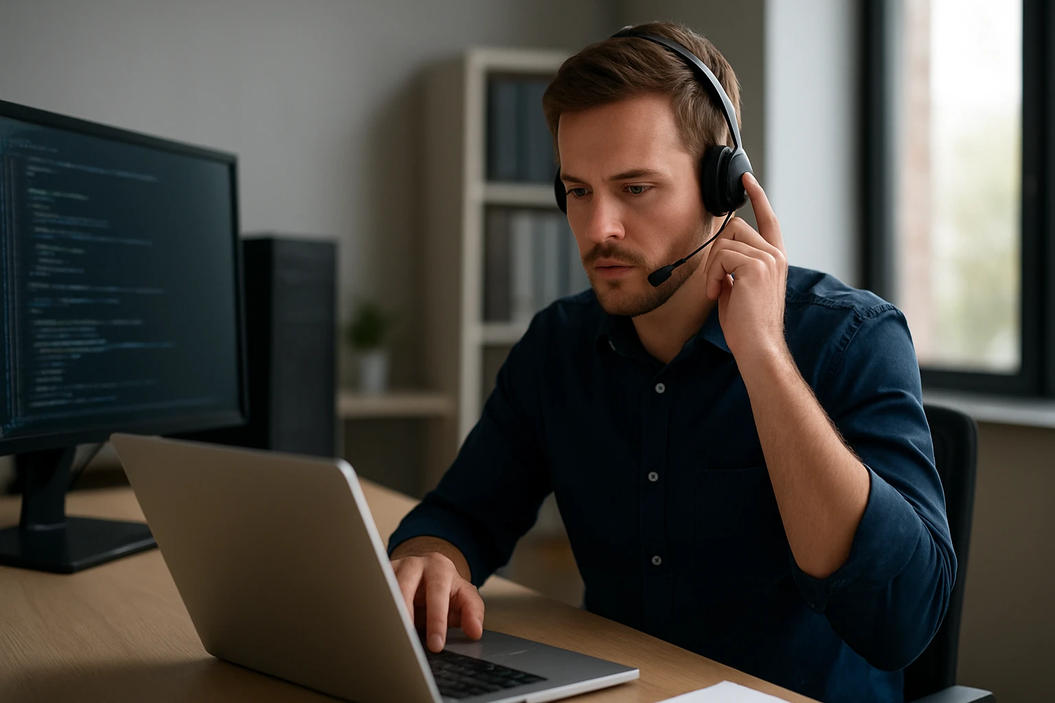Egy fiatal férfi headsettel dolgozik laptopján, figyelmesen nézve a képernyőt.