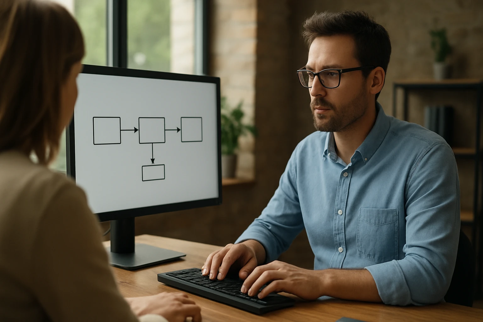 Egy férfi számítógép előtt ül, a monitoron folyamatábra látható.