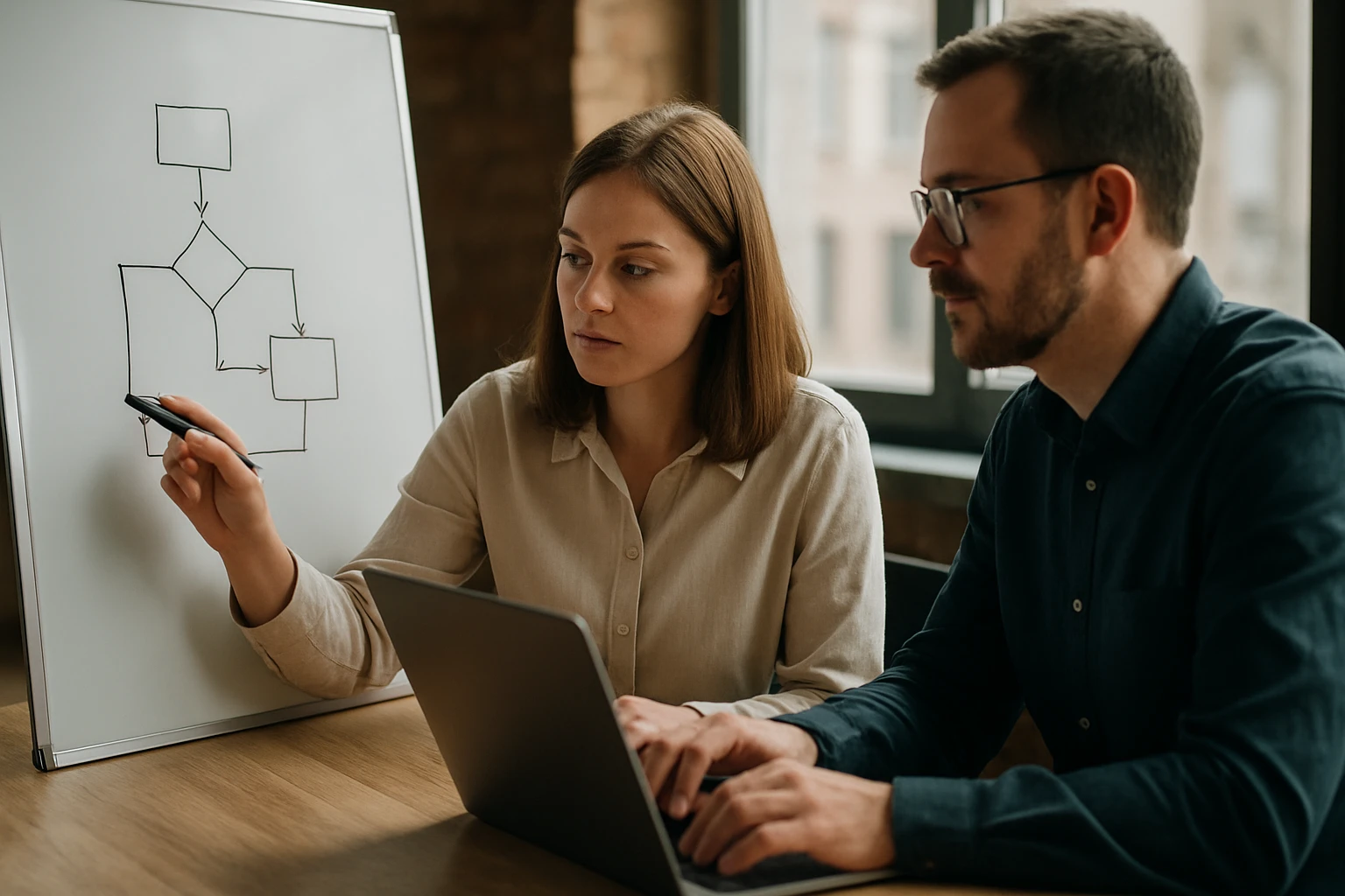 Két ember egy laptop előtt, egy fehér táblán folyamatábrát rajzolnak.