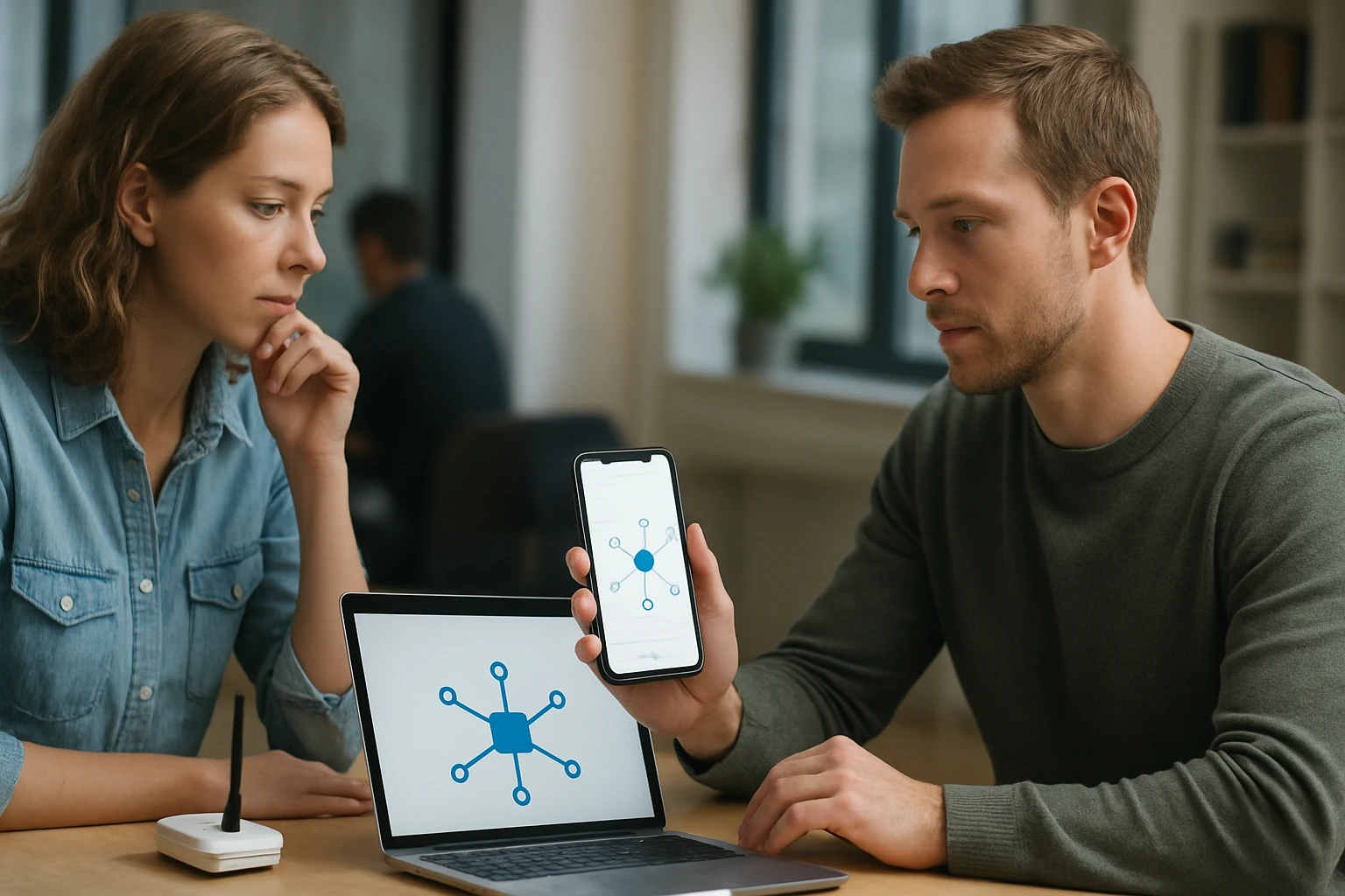 Egy férfi és egy nő egy laptop előtt ül, a férfi telefonján egy hálózati diagramot mutat.