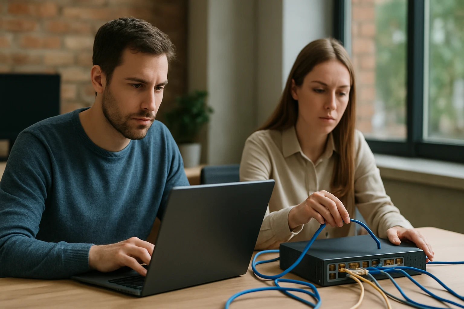 Két ember dolgozik egy számítógépen, miközben hálózati kábeleket csatlakoztatnak.
