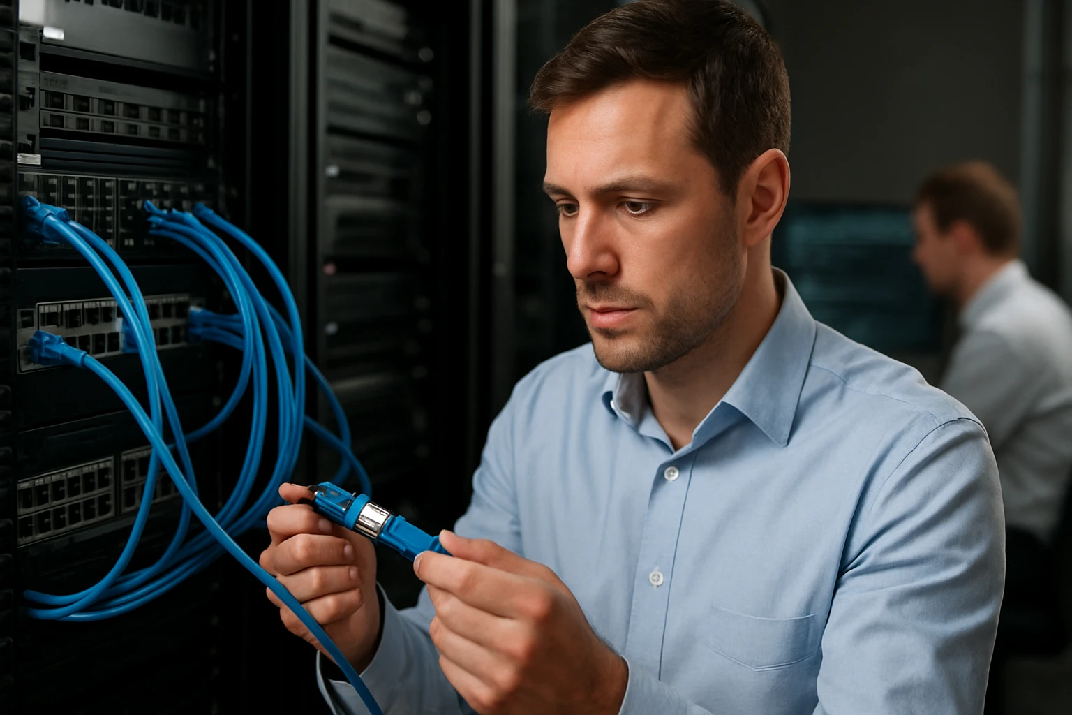 Egy férfi kék ingben, hálózati kábeleket csatlakoztat egy szerverhez.