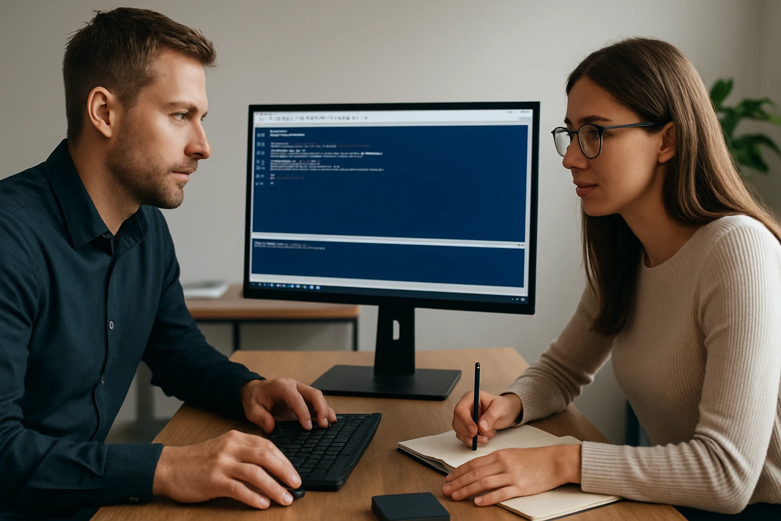Két ember, egy férfi és egy nő, együtt dolgozik egy számítógép előtt.