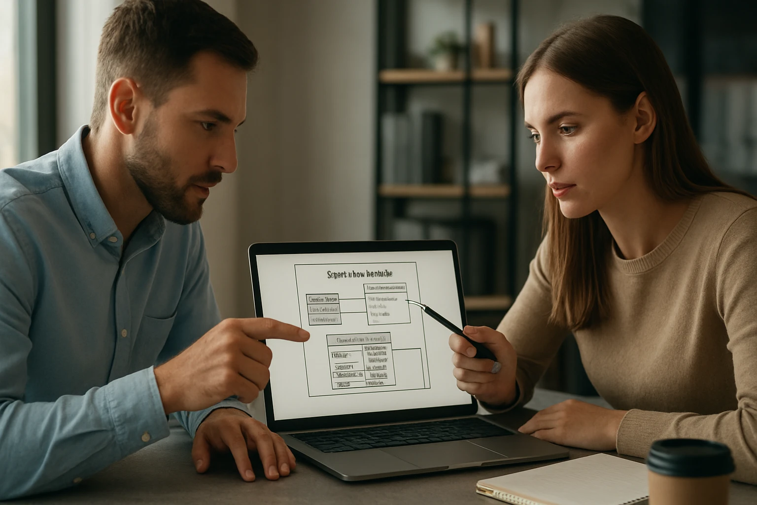 Két ember egy laptop képernyőjét nézi, amelyen diagram látható.