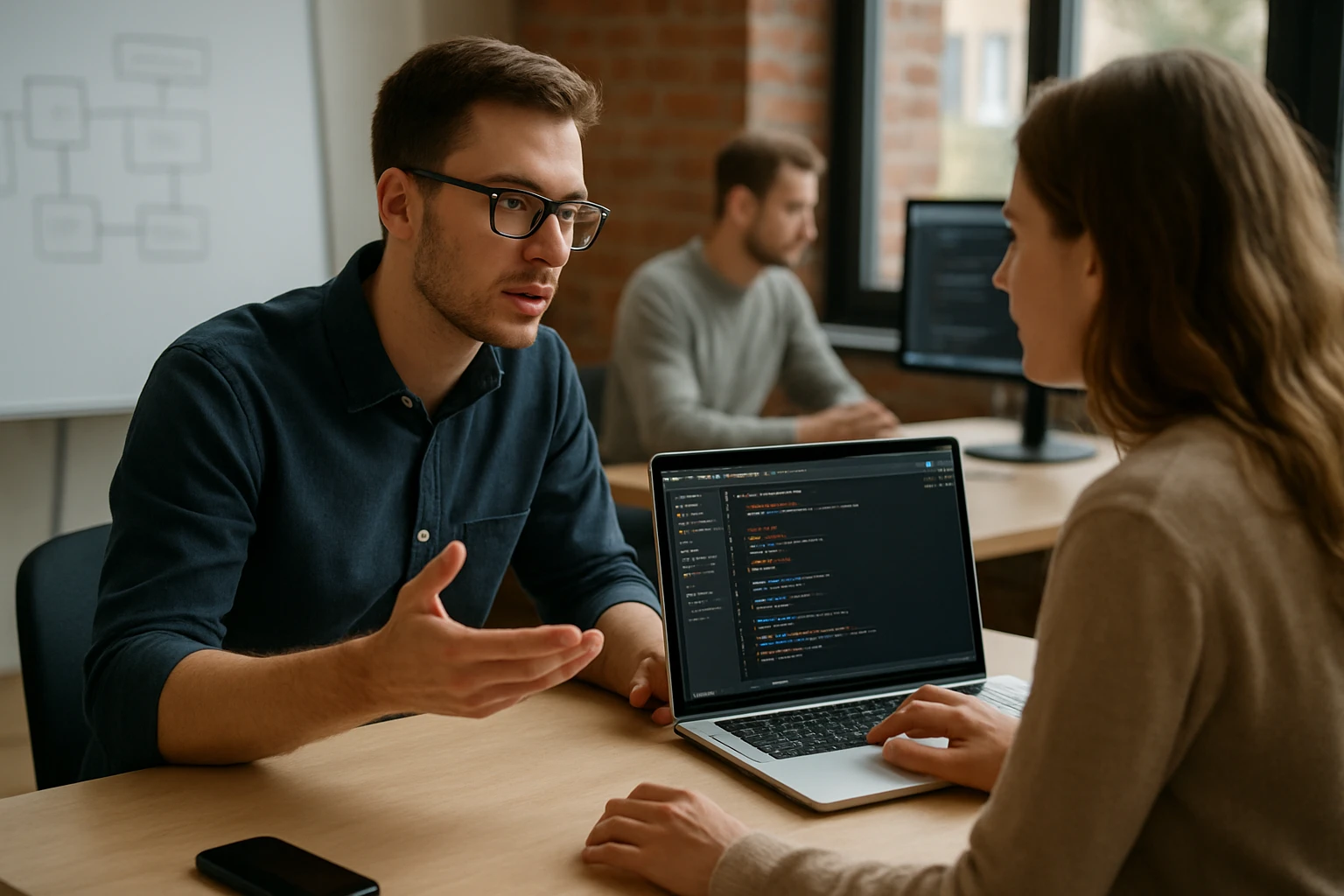 Két fiatal szakember beszélget egy laptop előtt, programozási kód látható a képernyőn.