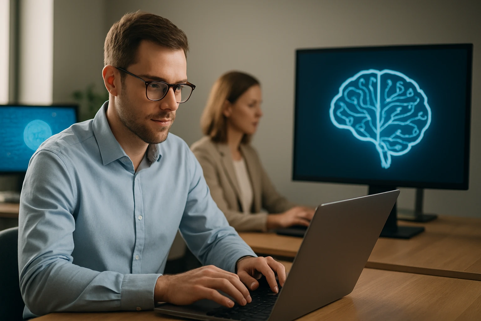 Egy fiatal férfi laptopon dolgozik, háttérben agy grafikával.