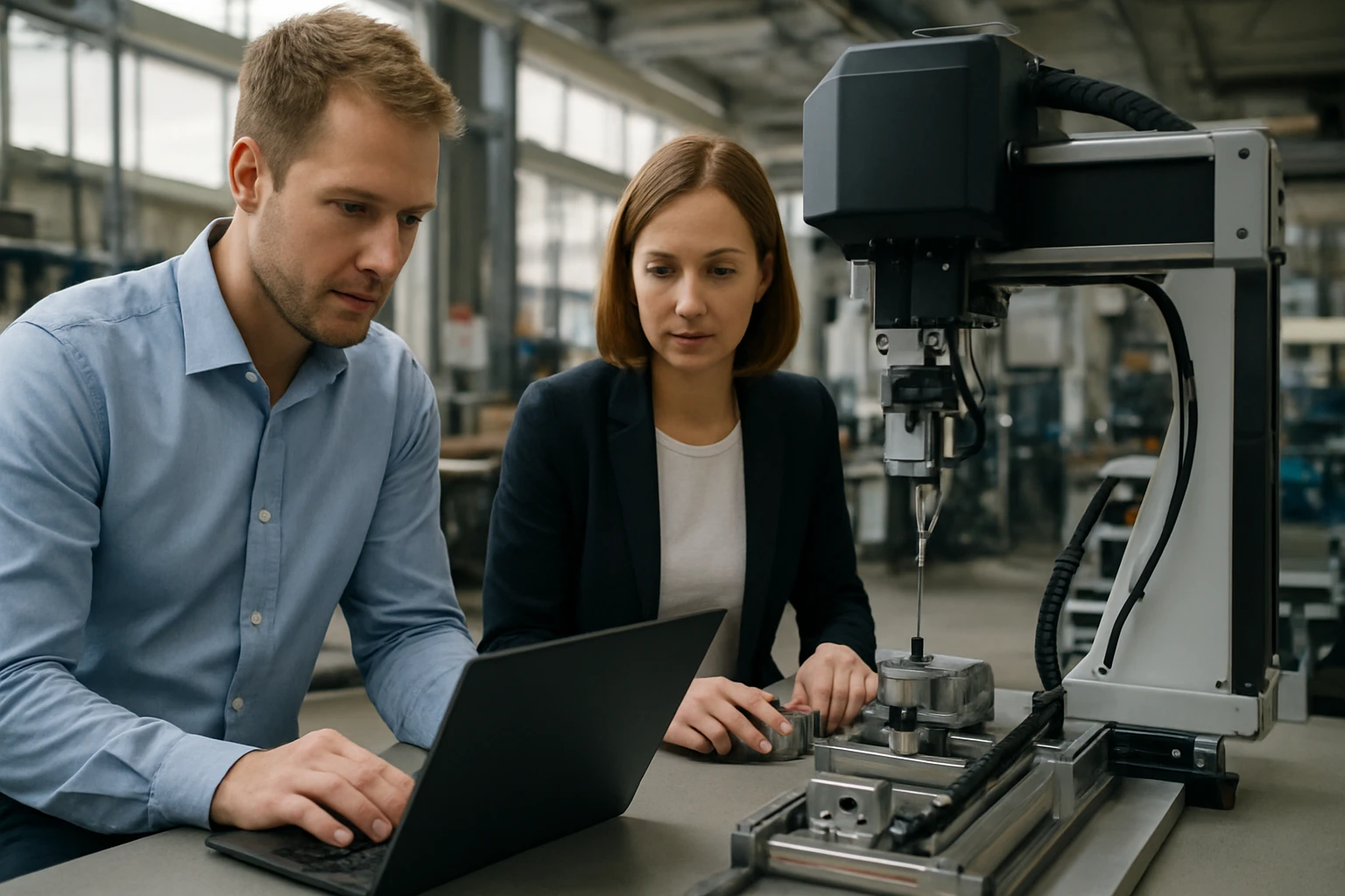 Két szakember egy laptop előtt dolgozik, mellettük egy ipari robot.