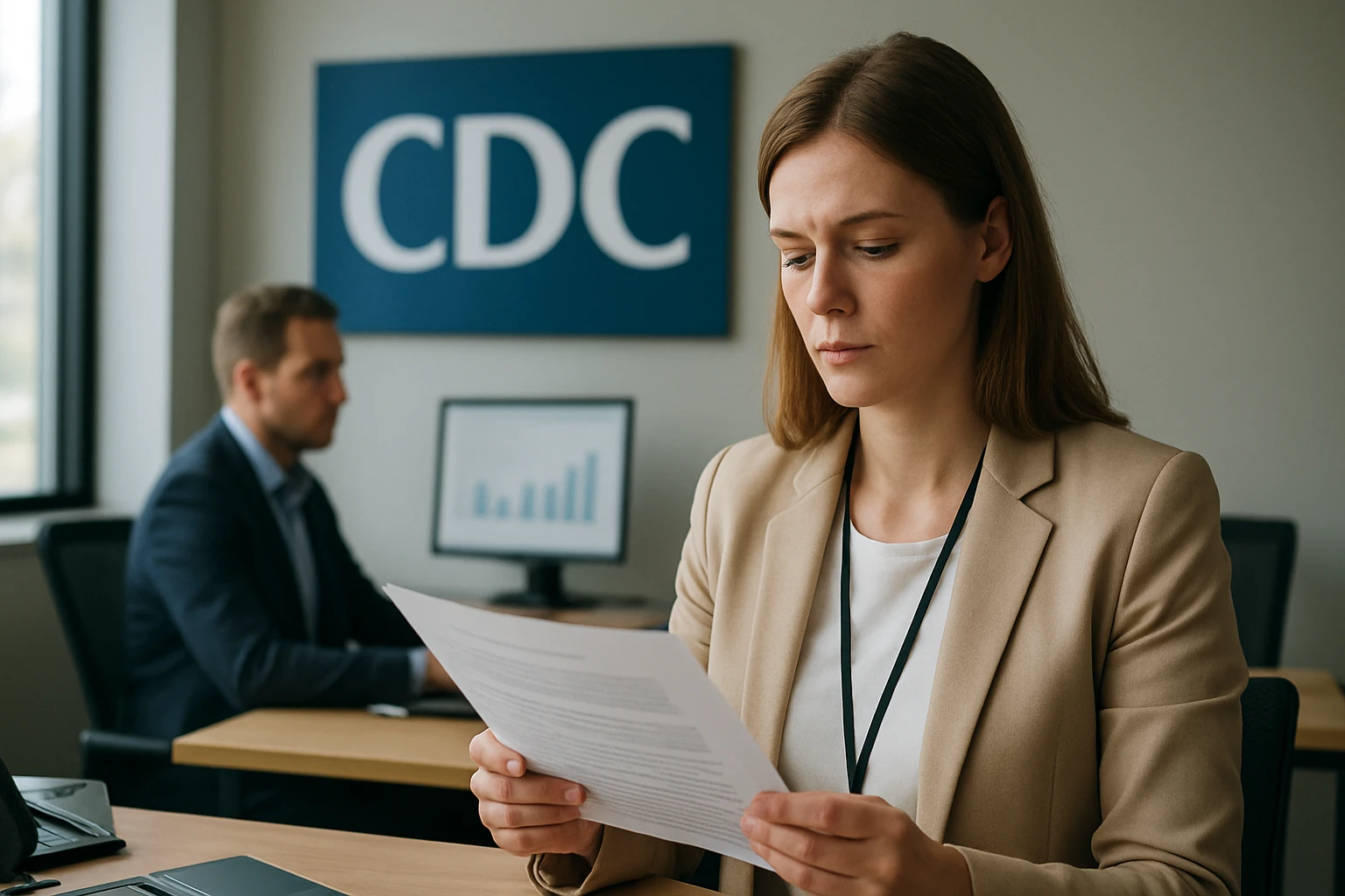 Egy nő irodai környezetben dokumentumot olvas, háttérben számítógép és grafikon.