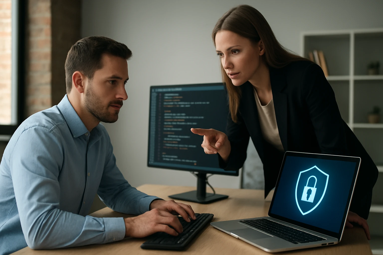 Két szakember egy számítógép előtt, az egyikük a kódot nézi, a másik mutat a képernyőre.