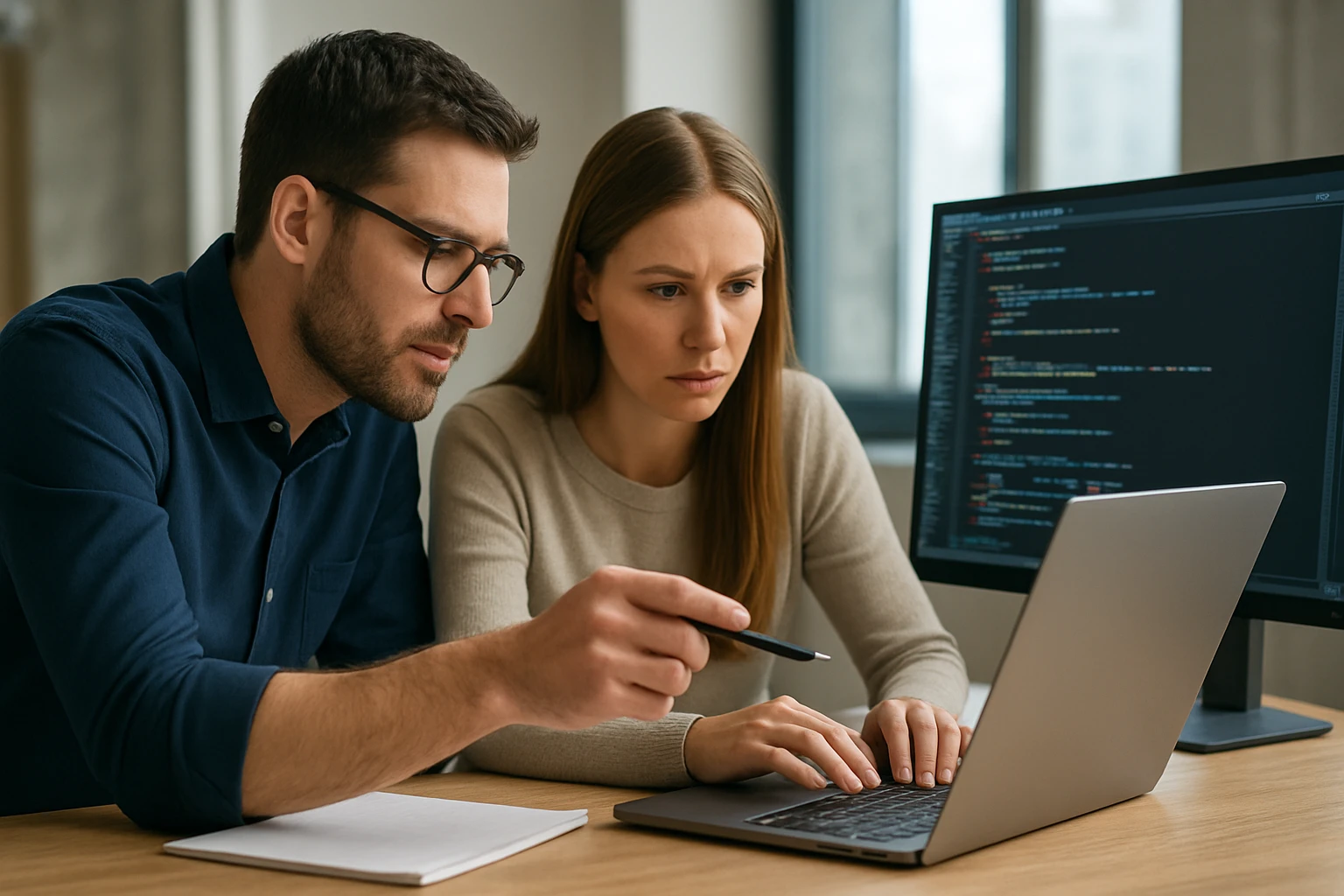 Két fiatal szakember együtt dolgozik egy laptopon, kódot elemeznek.
