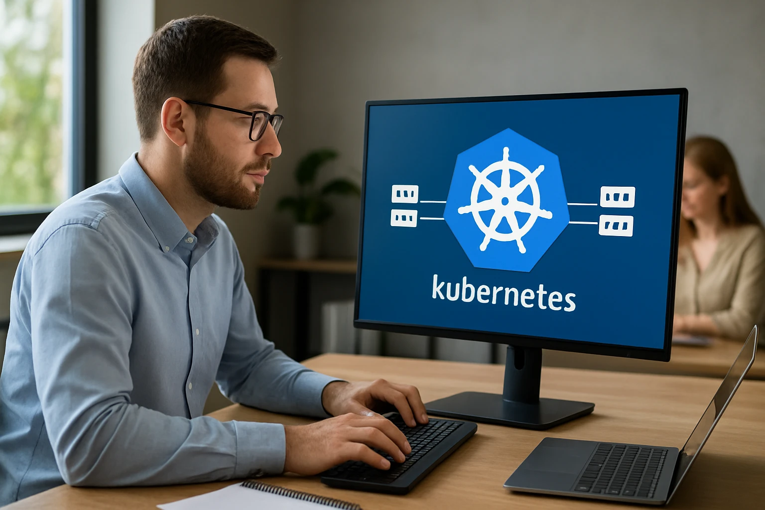 Egy férfi dolgozik a számítógépén, amelyen a Kubernetes logó látható.