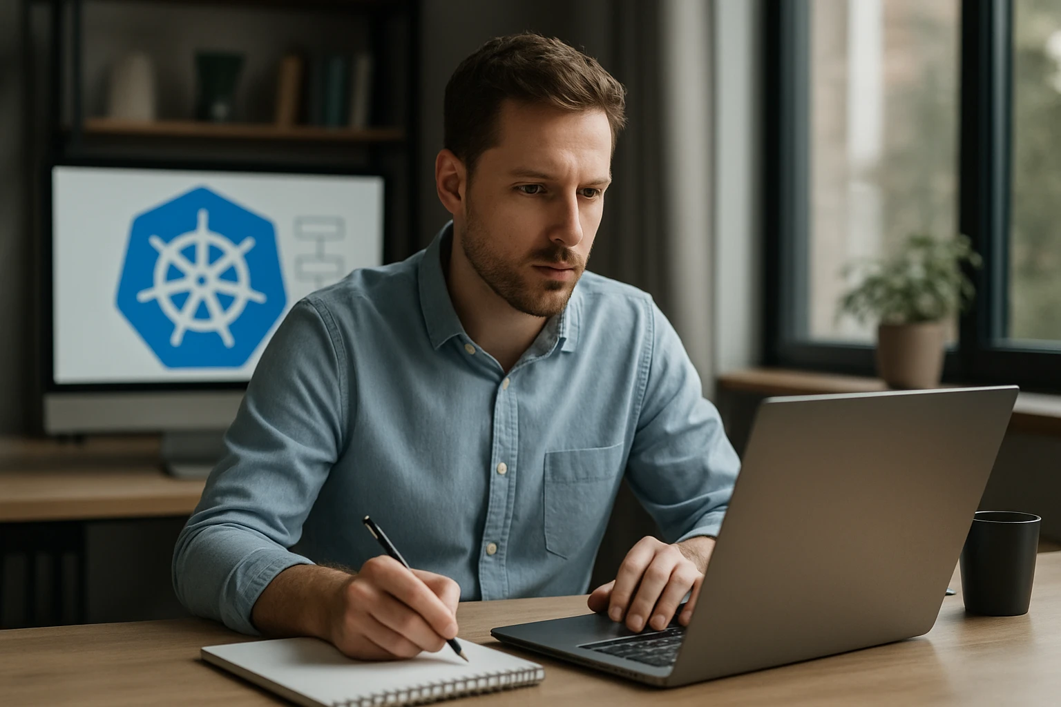 Egy férfi laptop előtt ül, jegyzetel és a Kubernetes logóját nézi.