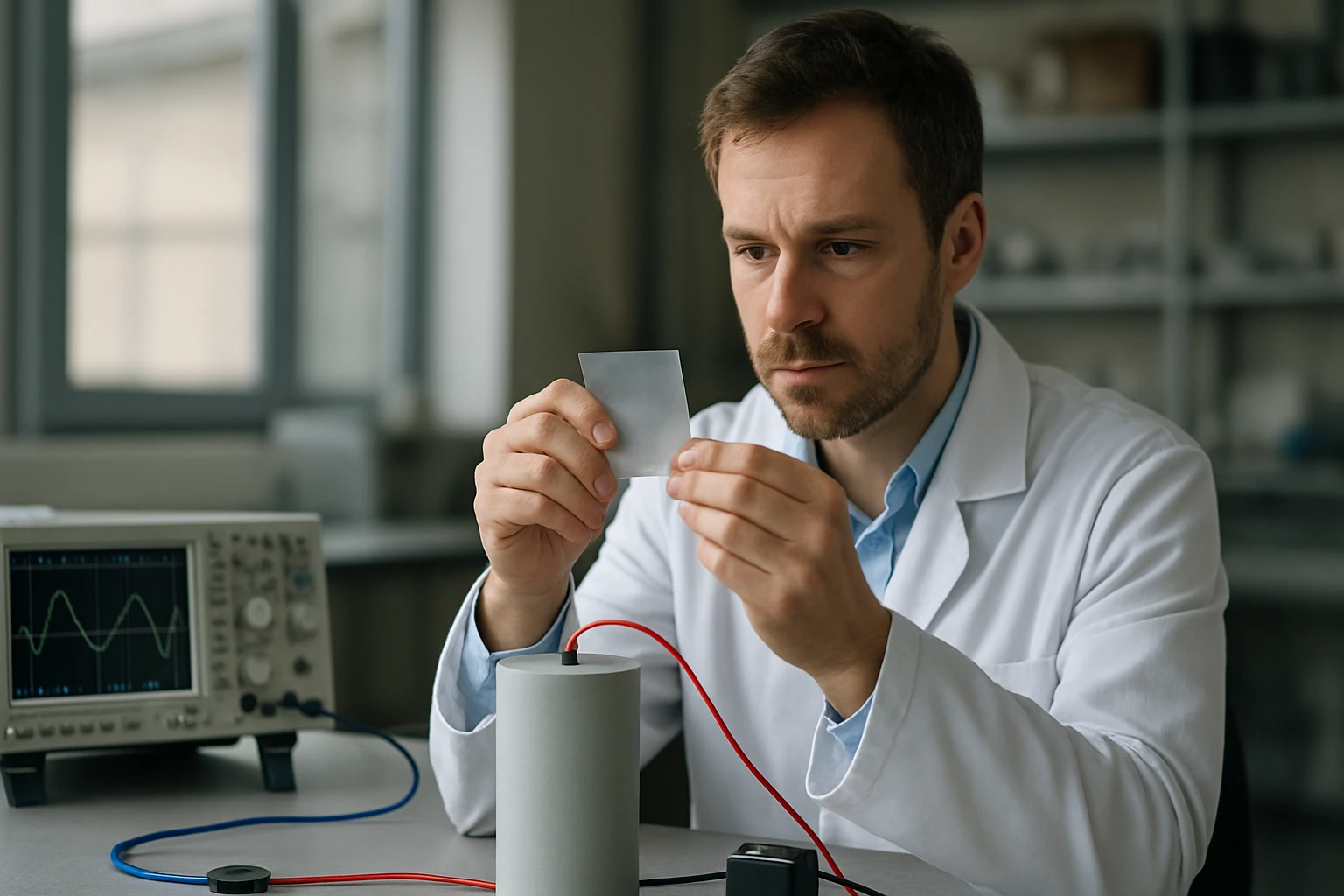 Egy kutató laboratóriumban egy férfi egy átlátszó lapot vizsgál.