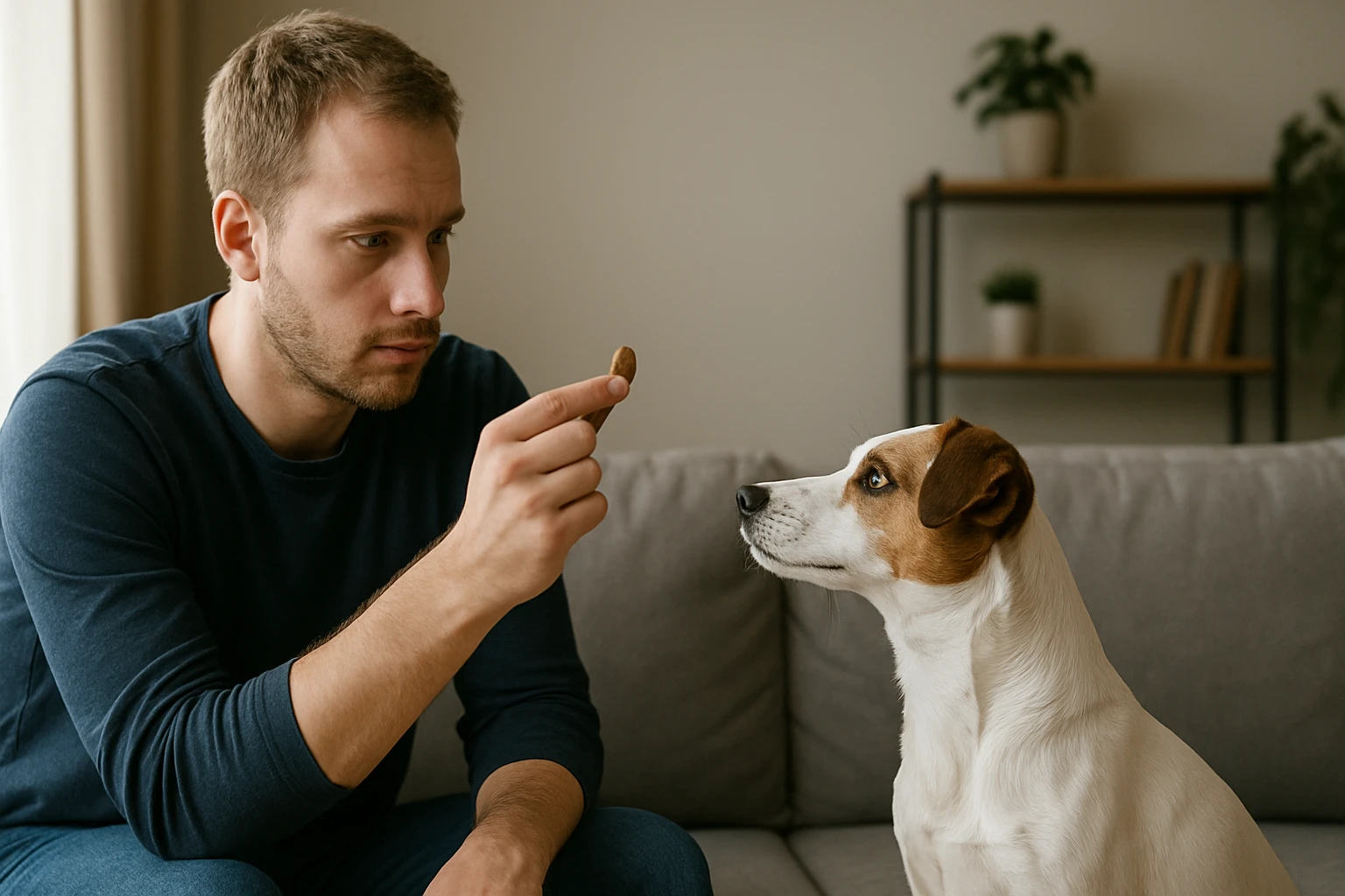Egy férfi kutyájának jutalomfalatot mutat, figyelmesen nézik egymást.