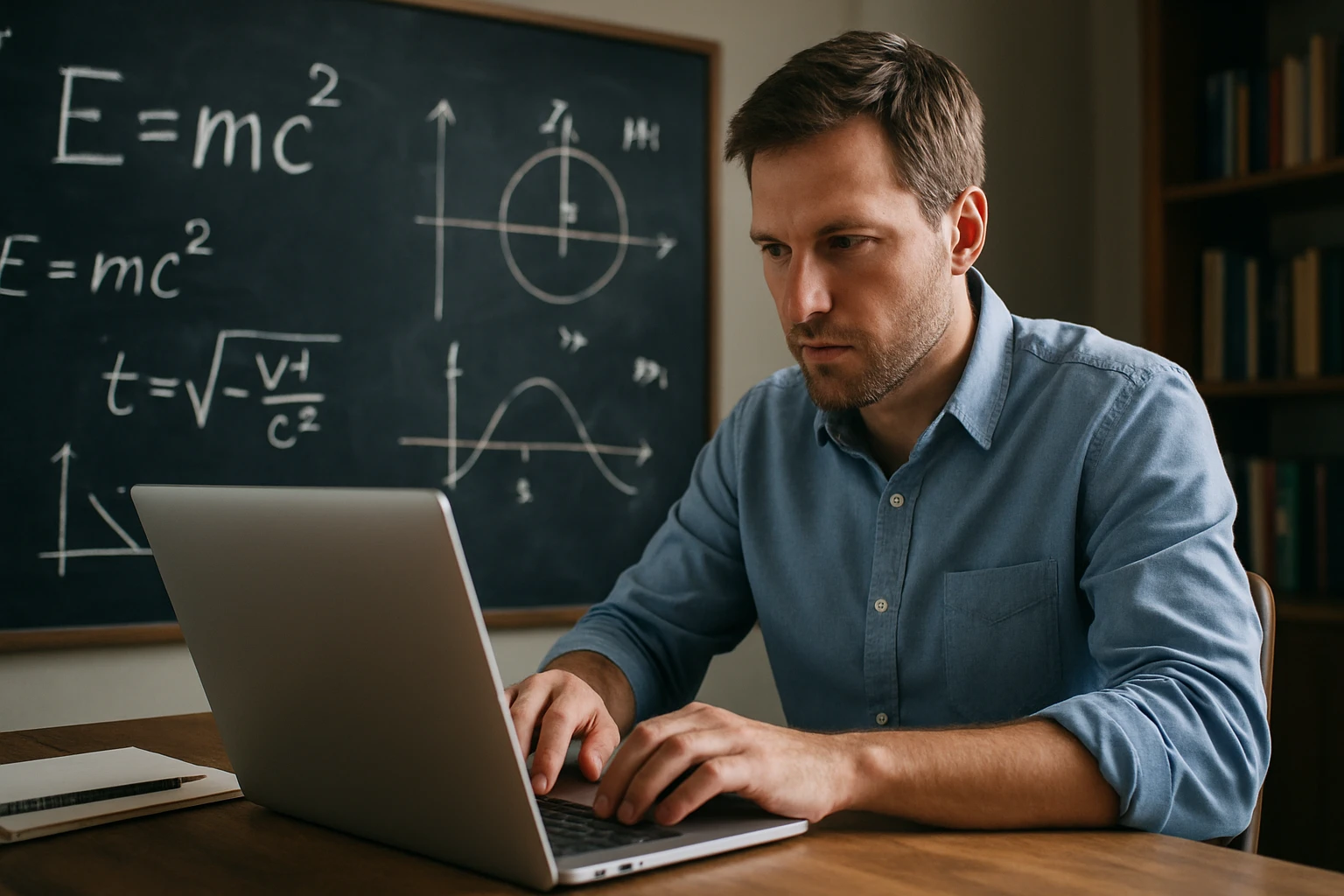 Egy férfi laptop előtt ül, matematikai képletek és grafikonok láthatók a táblán.