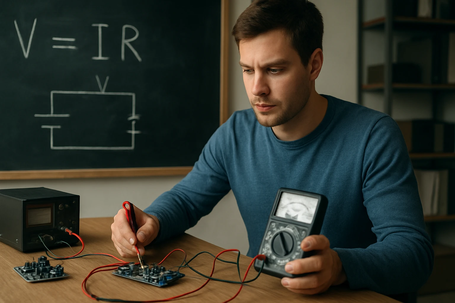 Egy fiatal férfi multiméterrel mér egy áramkört, háttérben képletek.