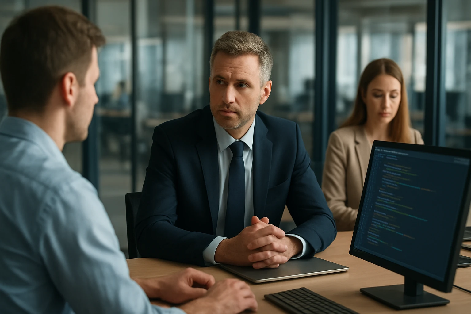 Két férfi és egy nő ül egy modern irodában, számítógép előtt beszélgetnek.