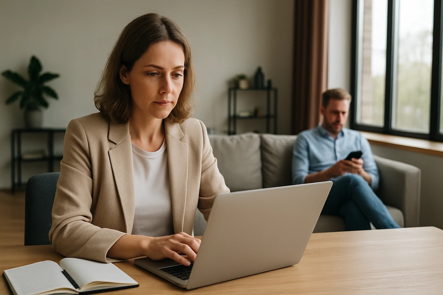 Egy nő dolgozik laptopján, míg egy férfi a háttérben telefonozik.