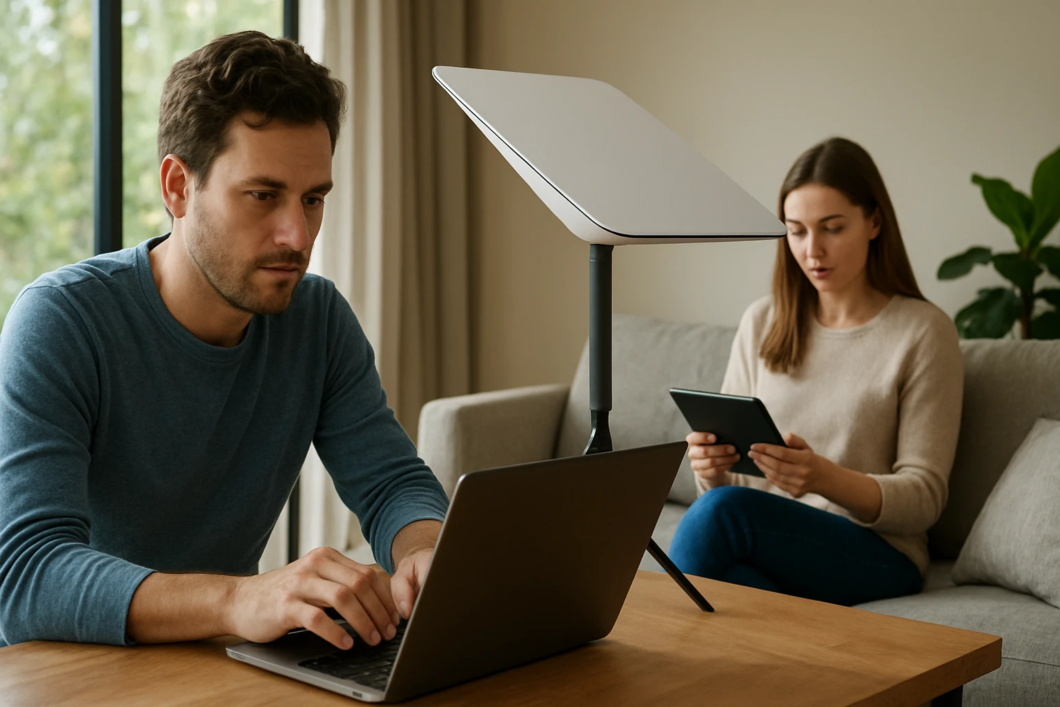 Egy férfi laptopon dolgozik, míg egy nő táblagépet használ a kanapén.