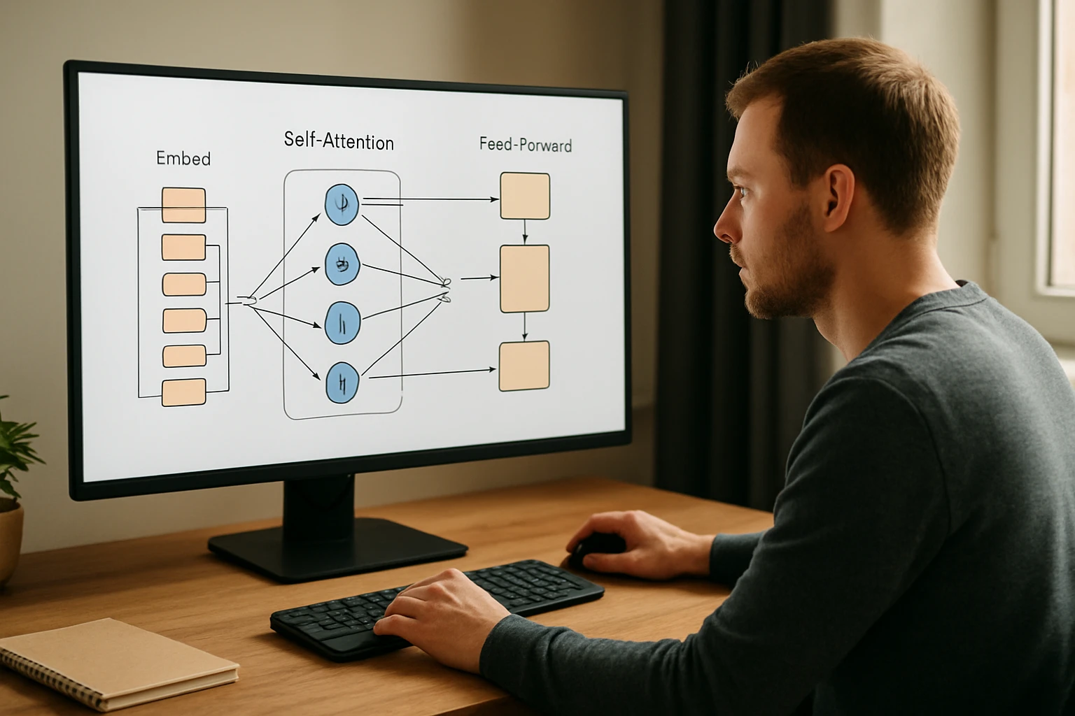 Egy férfi számítógép előtt ül, miközben egy neurális hálózat diagramját nézi.