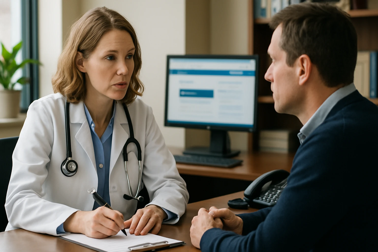Orvos és páciens beszélgetése egy rendelőben, egészségügyi információk megosztása.