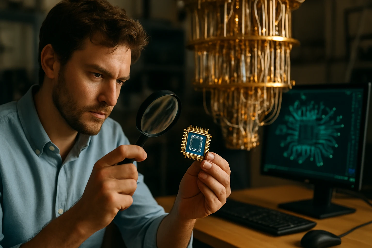 Egy férfi nagyítót használ, hogy megvizsgáljon egy processzort laboratóriumi környezetben.