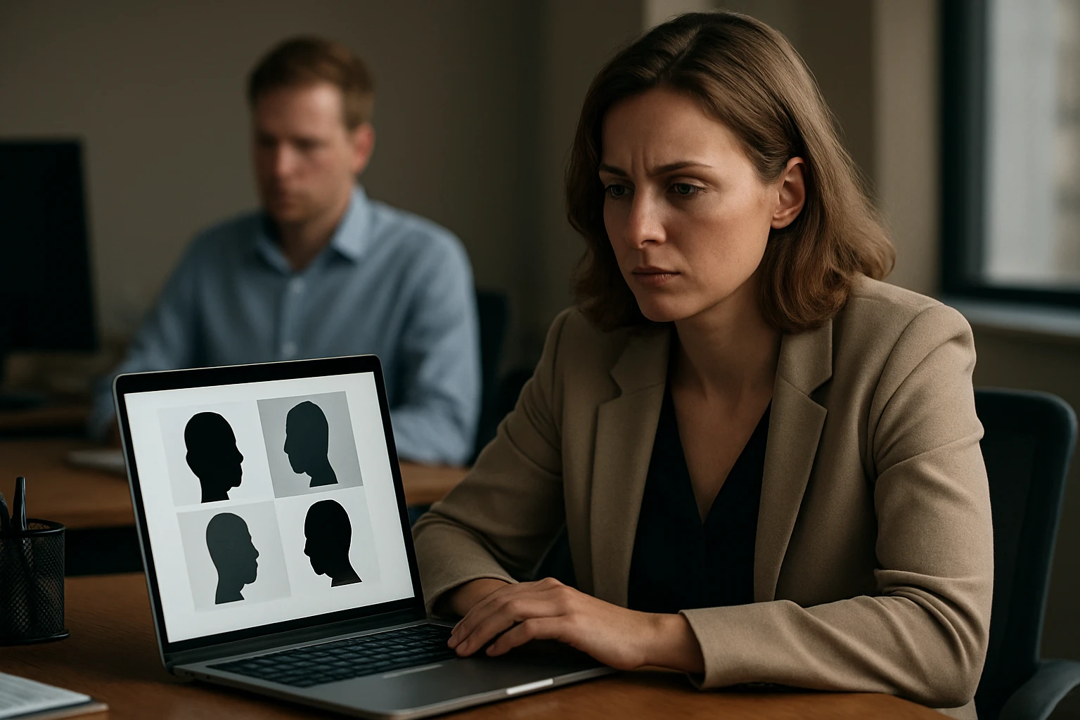 Egy nő koncentrálva nézi a laptopján megjelenő profilképeket.